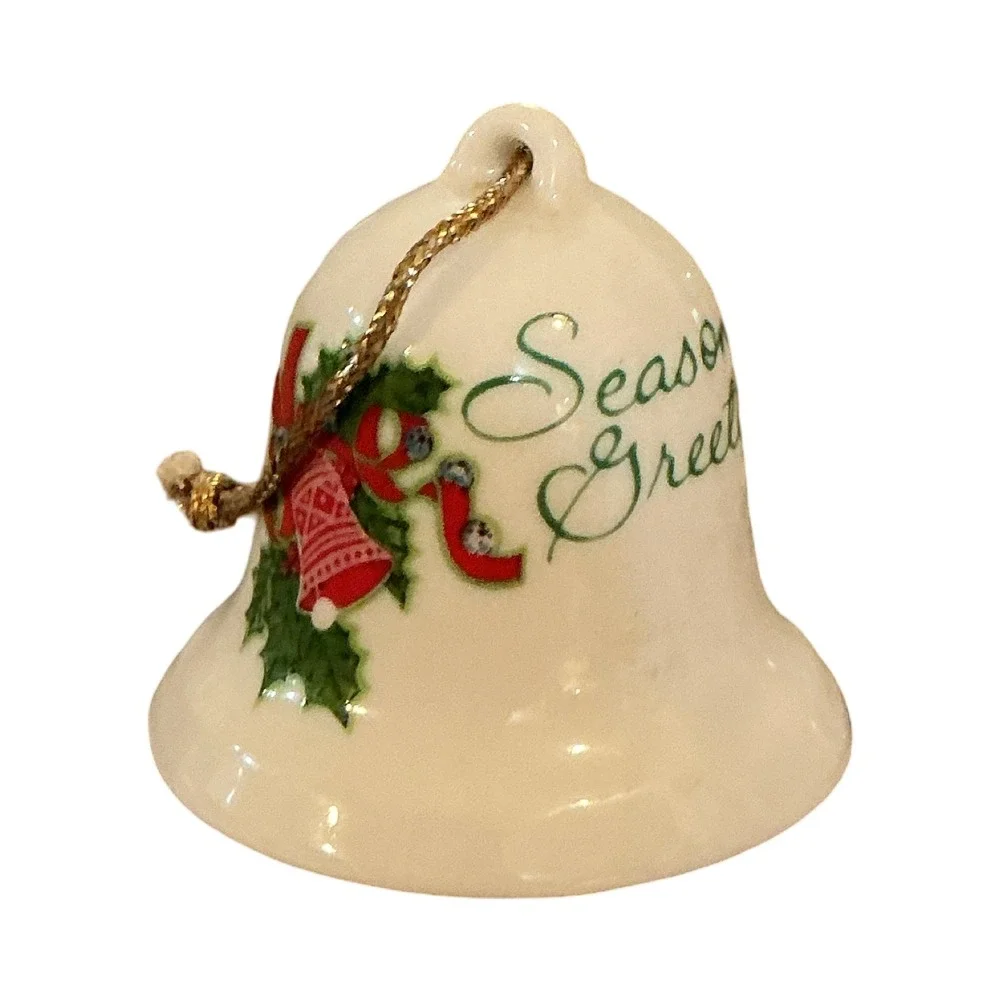 Vintage Ceramic Christmas Bell Ornament Seasons Greetings Holly Red Green 2in